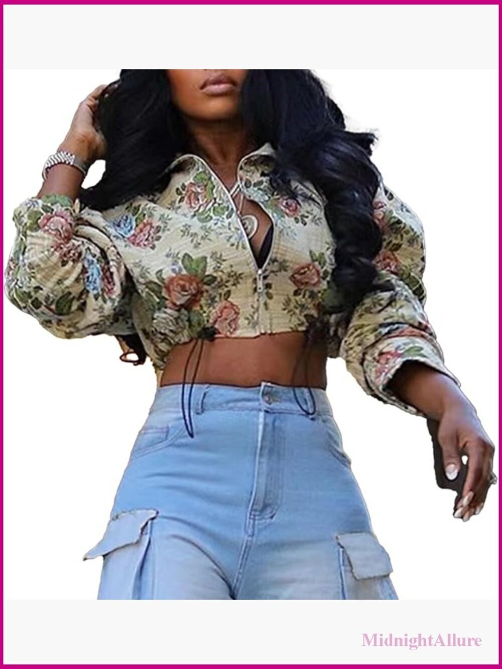 Cropped Bomber Jacket Long Sleeve Zipper Vintage Floral Outerwear